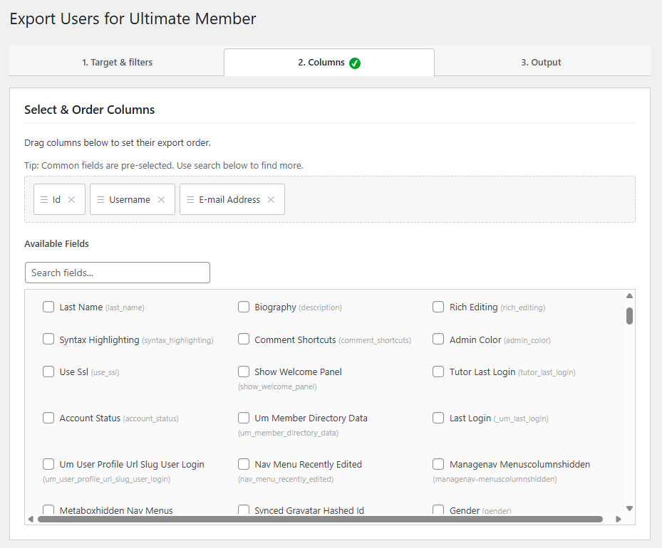 Export Users for Ultimate Member import mapping and preview screen