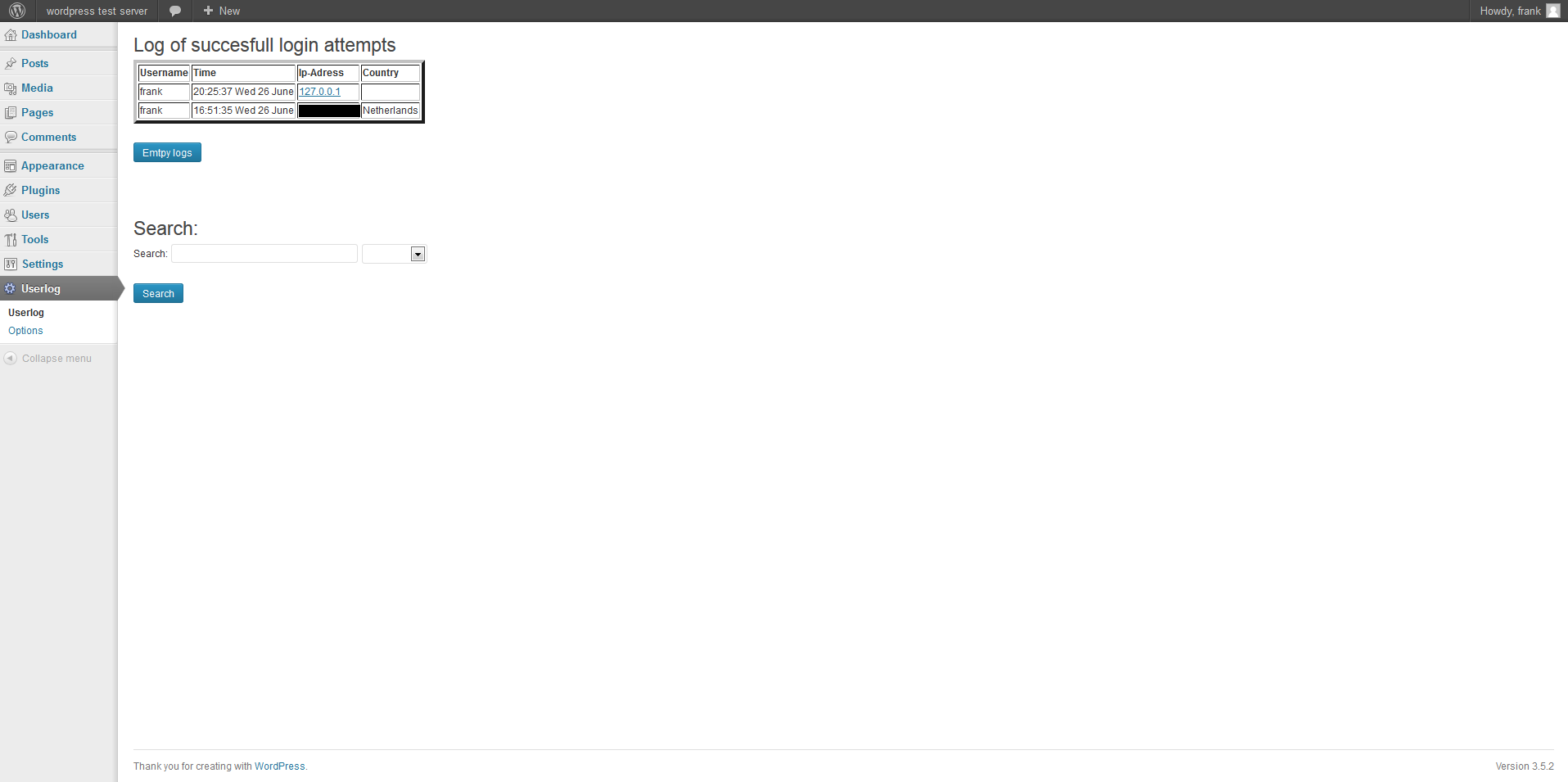 Example of displaying the logs on the dashboard, with the new search bar under it.