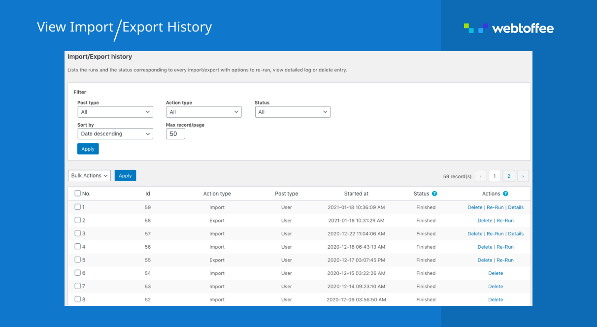 WordPress user CSV import export history