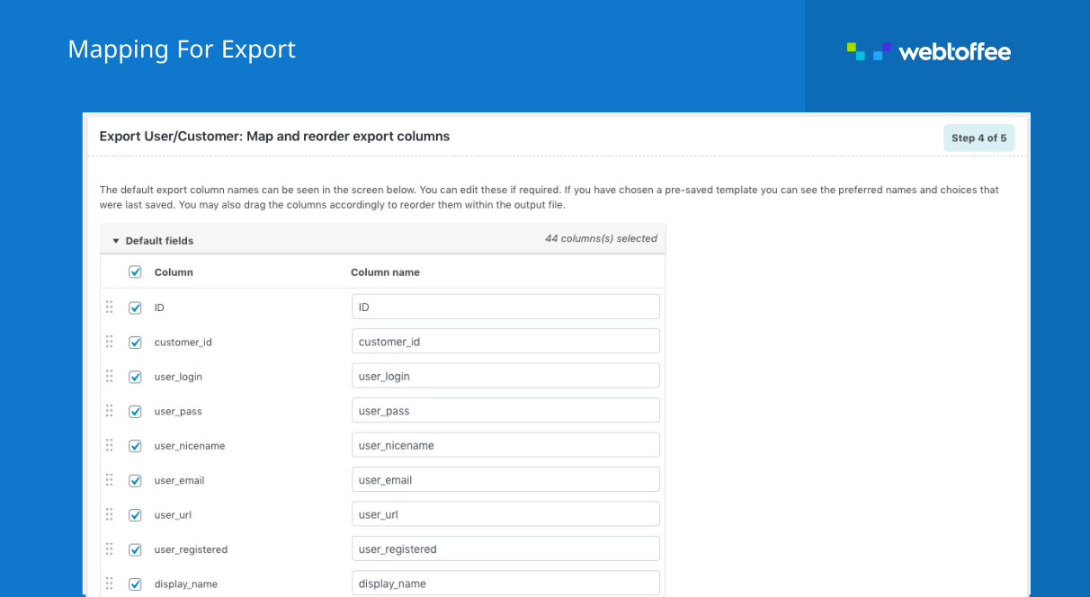 Map or re-order columns on WordPress user export