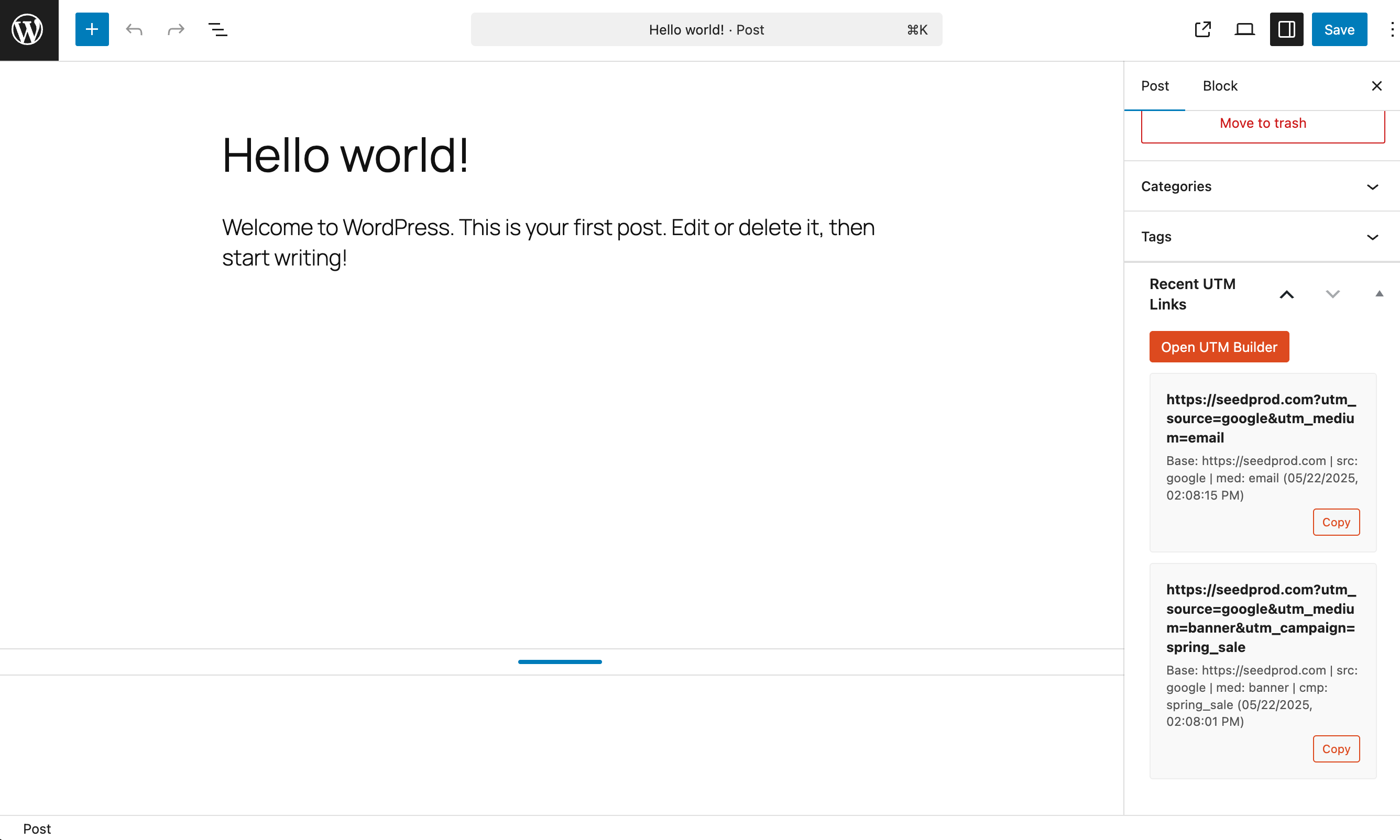 The "Recent UTM Links" sidebar widget inside the post editor – quick access &amp; copy. 📋