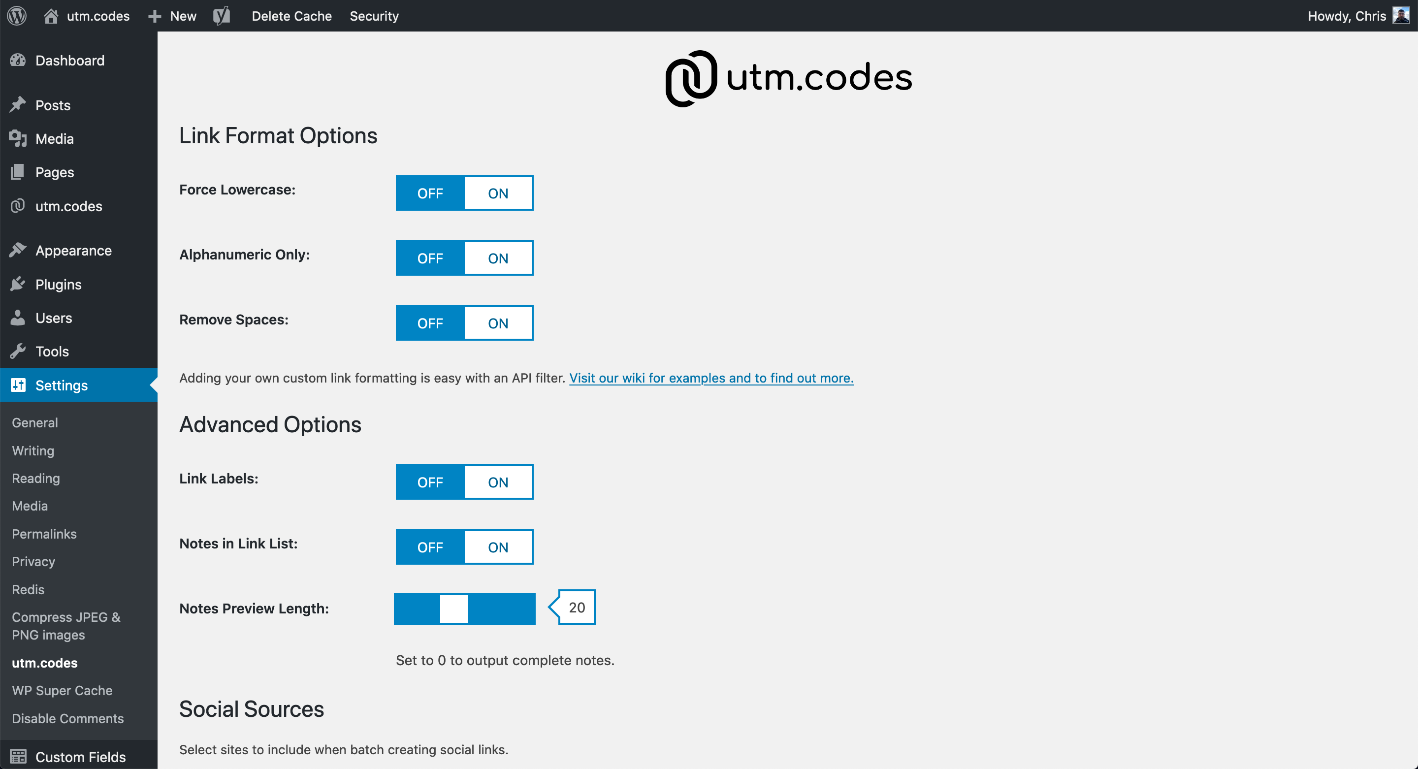 Configure settings for link format, labels, link notes, your favorite social networks, and shortener