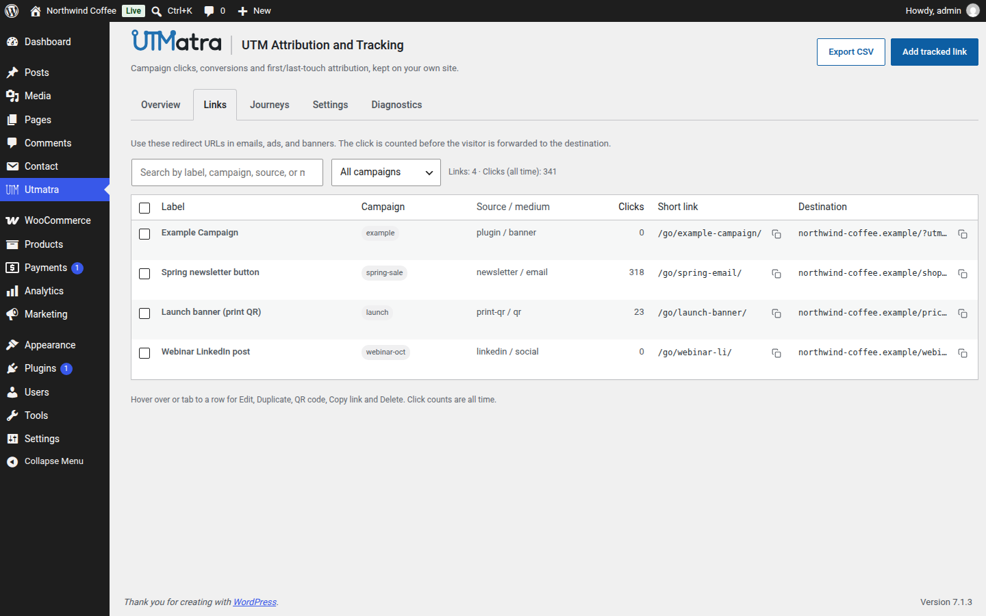 Links: tracked short links with their campaign, source and medium, click counts and redirect URLs.