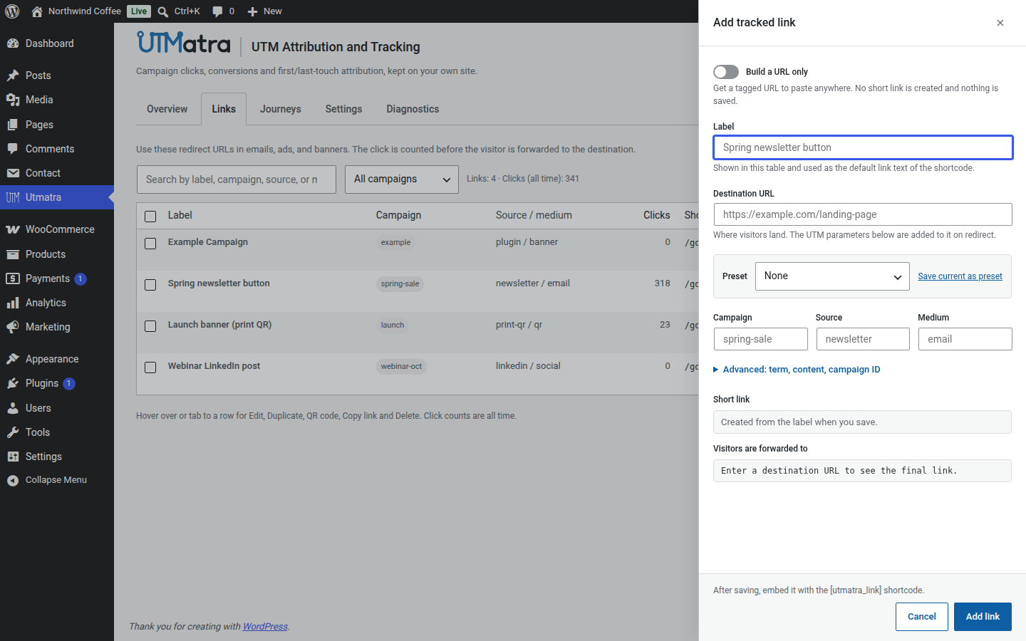 Add tracked link: UTM fields with presets, the generated short link, and a build-a-URL-only mode.