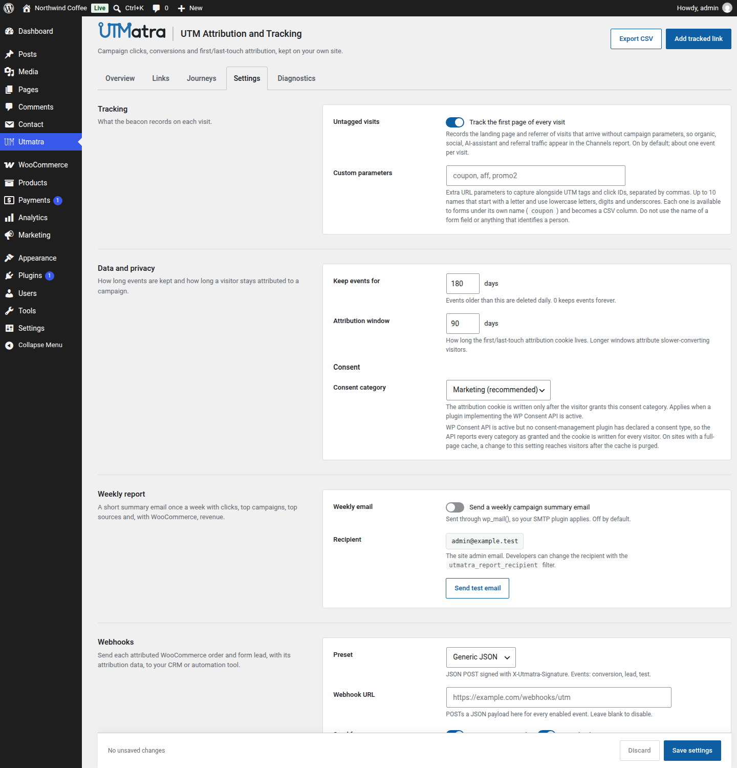 Settings: tracking, custom parameters, data retention, attribution window, consent, weekly report and webhooks.