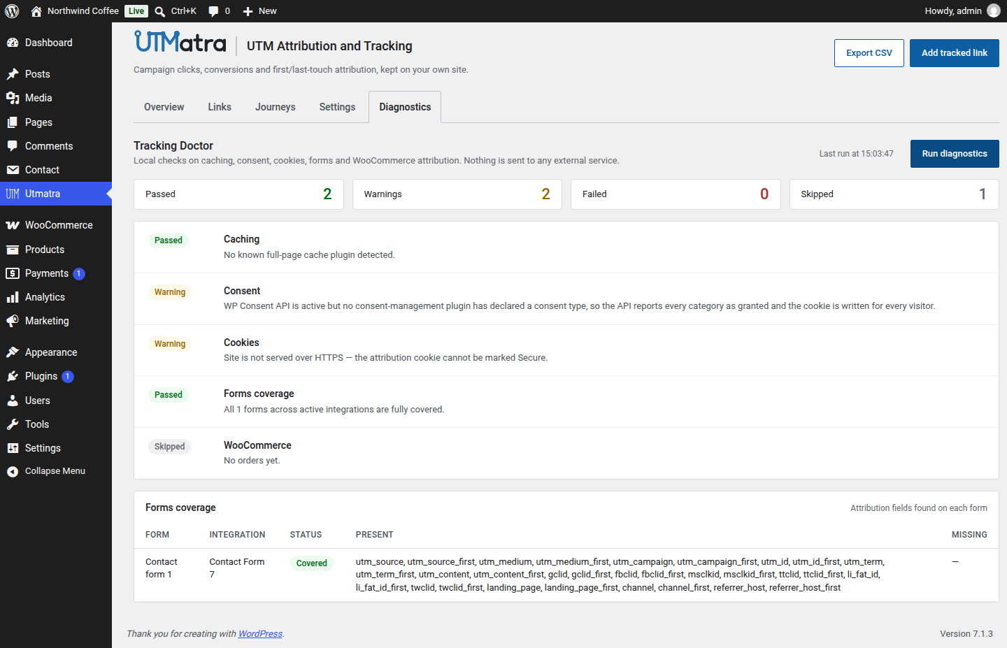 Tracking Doctor: local checks for caching, consent, cookies, form coverage and WooCommerce attribution.