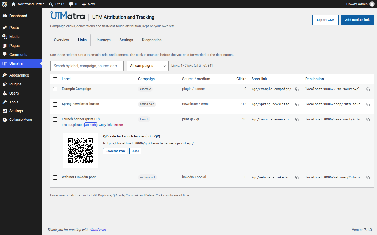 Short links and QR codes: each tracked link gets a pretty /go/ short link and a QR code generated in the browser, with a PNG download.