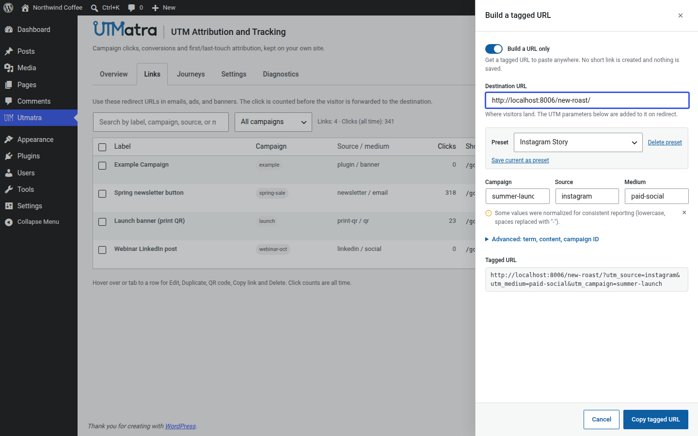 Build a URL only: get a tagged URL to paste anywhere, without creating a short link.