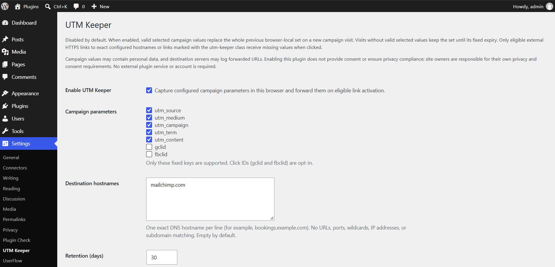 Example UTM Keeper settings with campaign parameters and an illustrative destination hostname; configure your own destination before use.