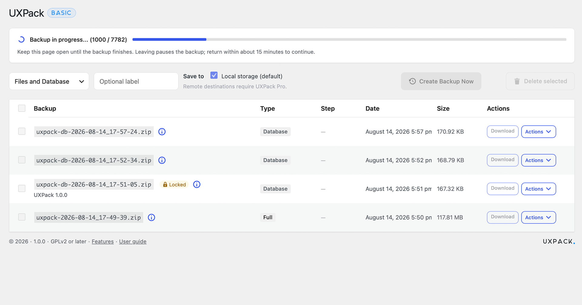Backup list in the WordPress admin — create, download, and manage archives.