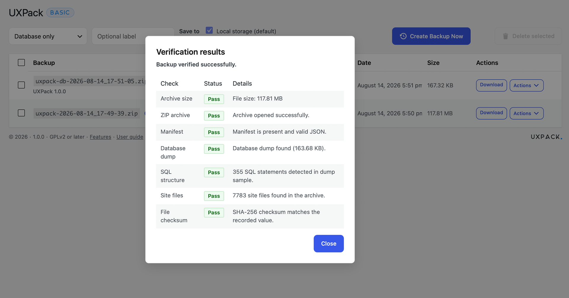 Creating a backup — full site or database-only.