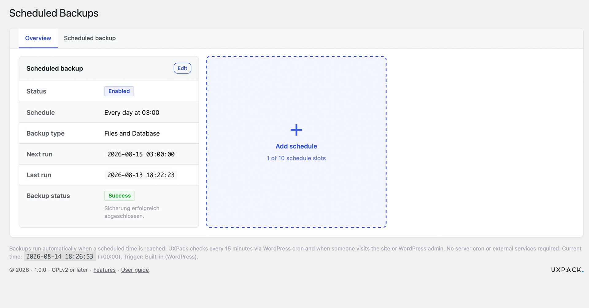 Schedule overview — daily, weekly, or monthly automatic backups.