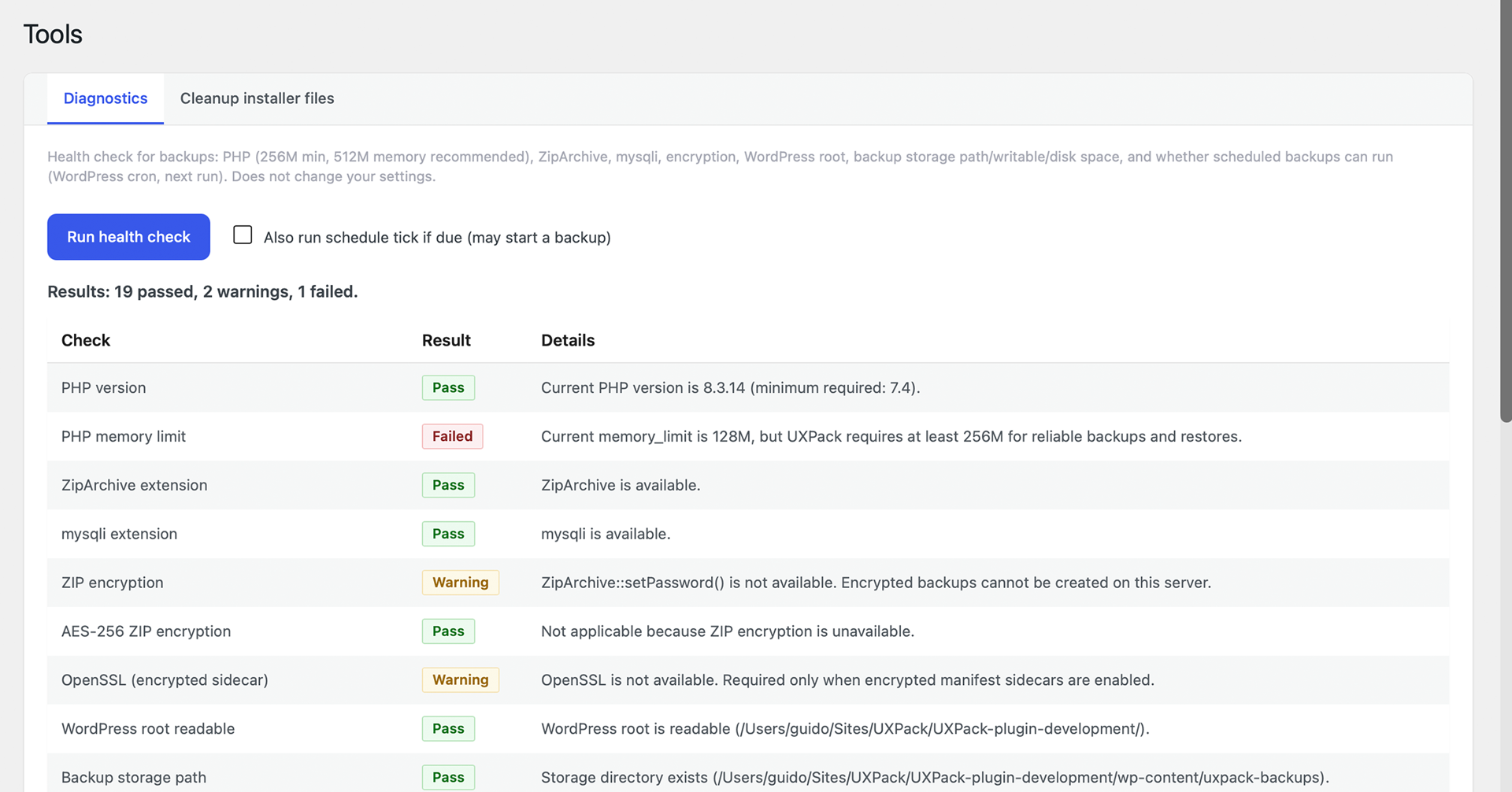 Tools diagnostics — server and schedule health checks.