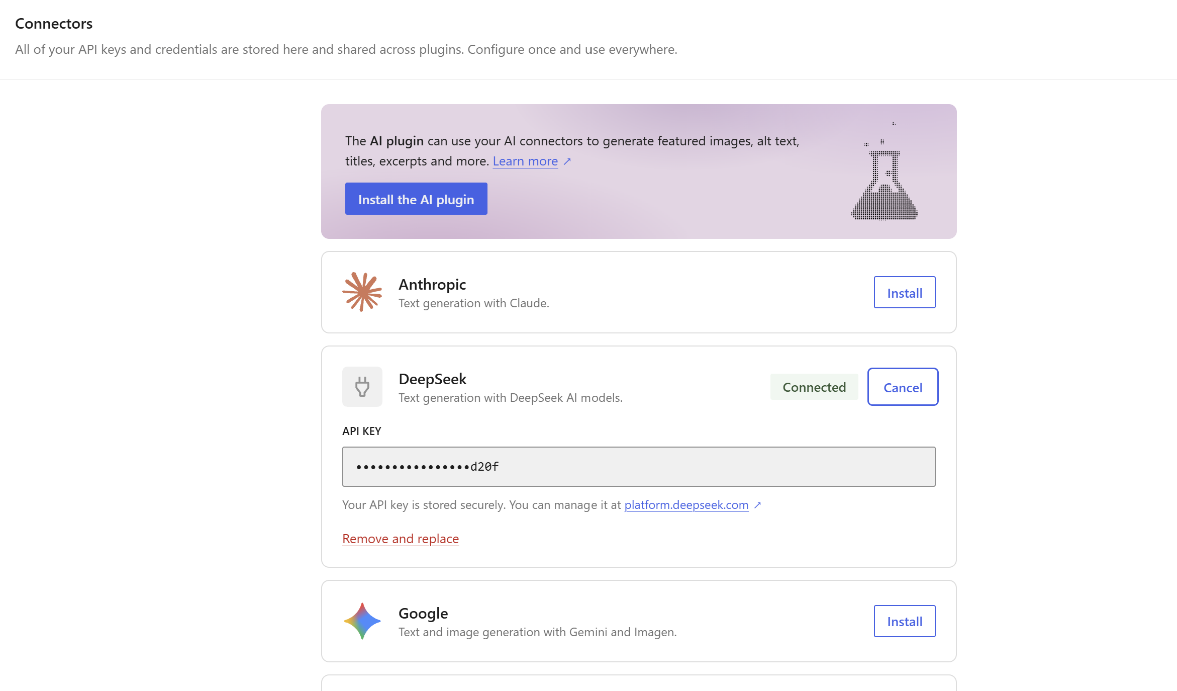 DeepSeek connected in WordPress Settings > Connectors.