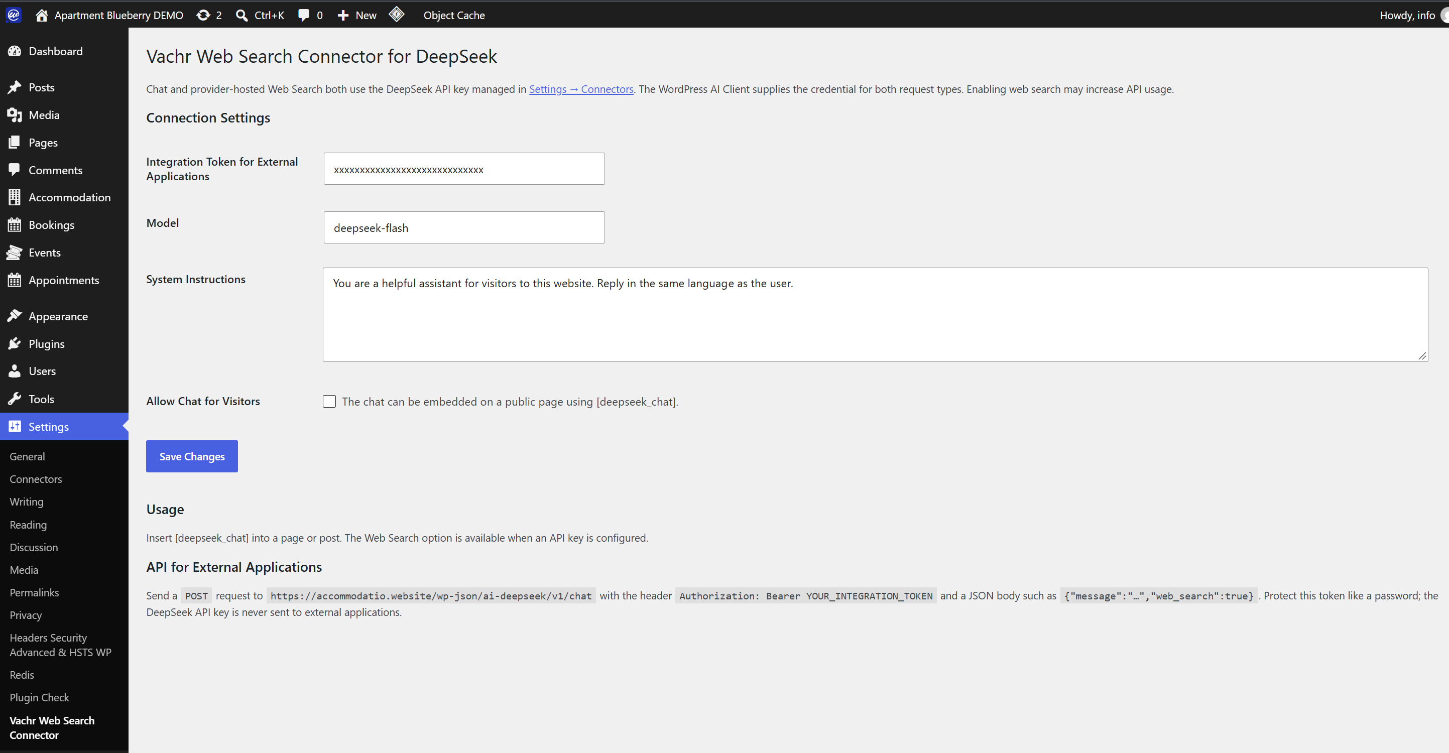 Vachr Web Search Connector settings, including the model, visitor chat, and external application API options.