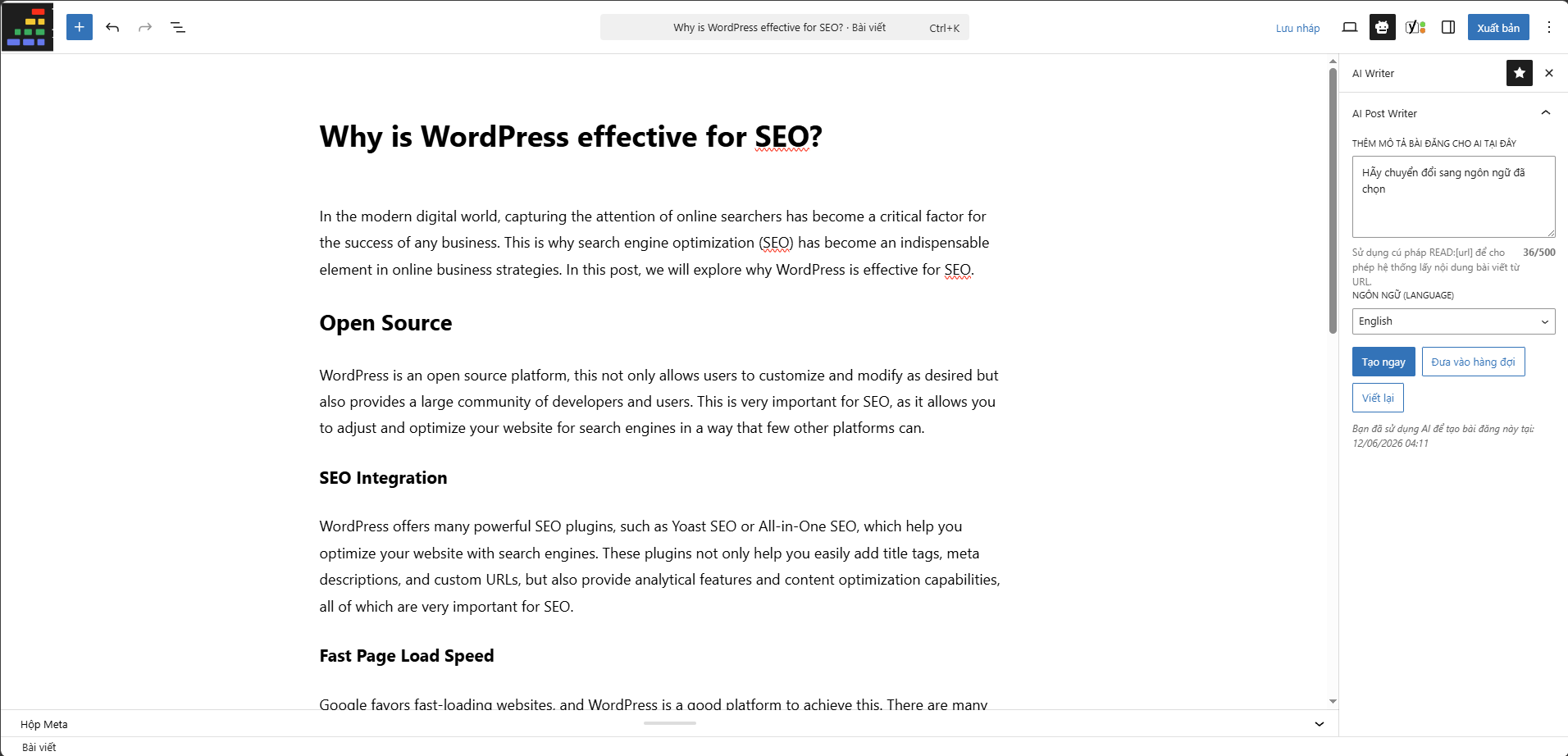 AI Writer (Post Generator) sidebar in the editor.