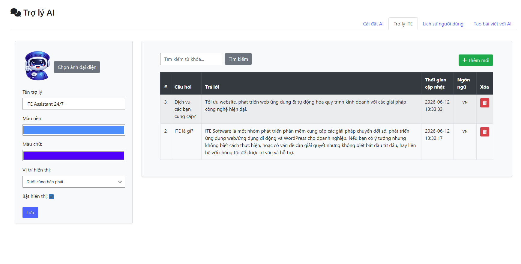 The main settings screen of VanNhan AI Assistant Admin Tools.