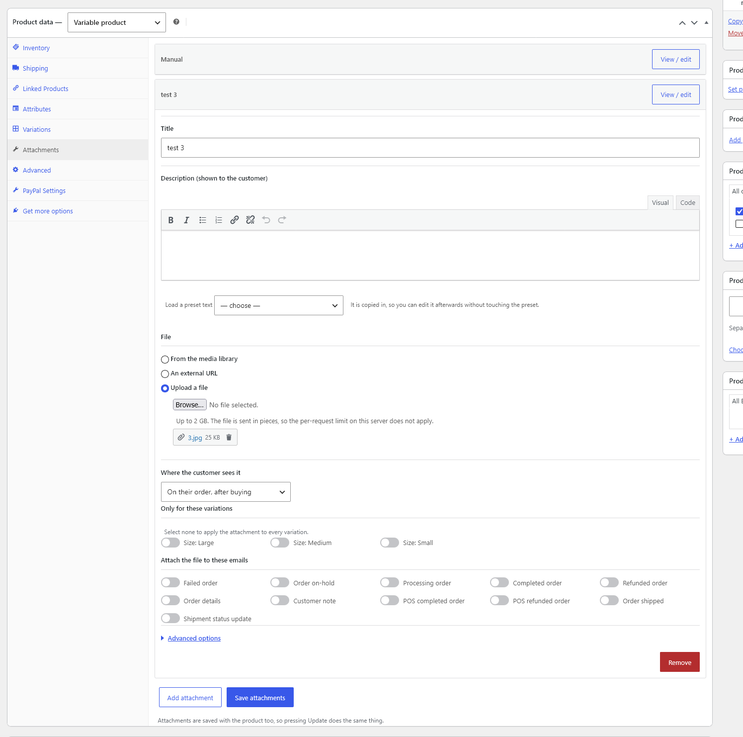 Files on a product: where the customer sees each one, which variations it applies to, and which order emails carry it. Availability, roles, download limits and the disclaimer are Premium.