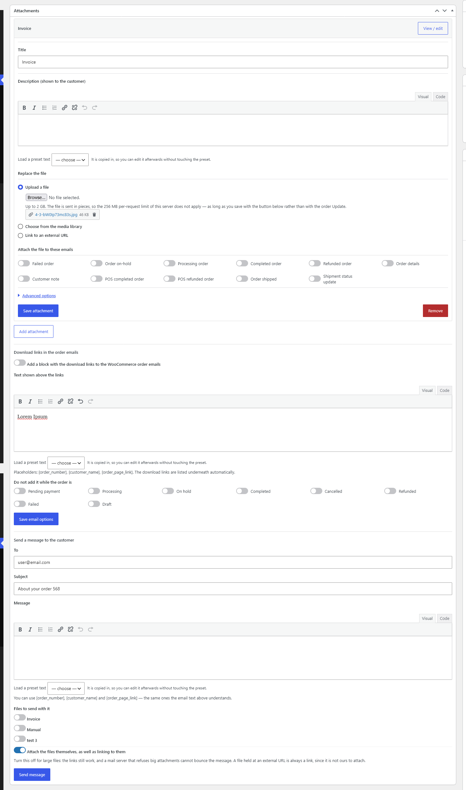 Files on an order, the block of download links that goes into the order emails, and — in Premium — a message written by hand with the files to send with it.