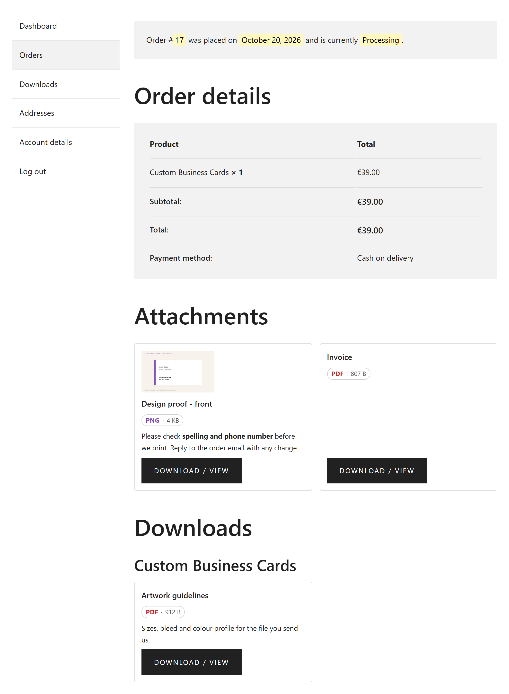 The customer's order page: the files attached to the order, and the ones that came with the product they bought.