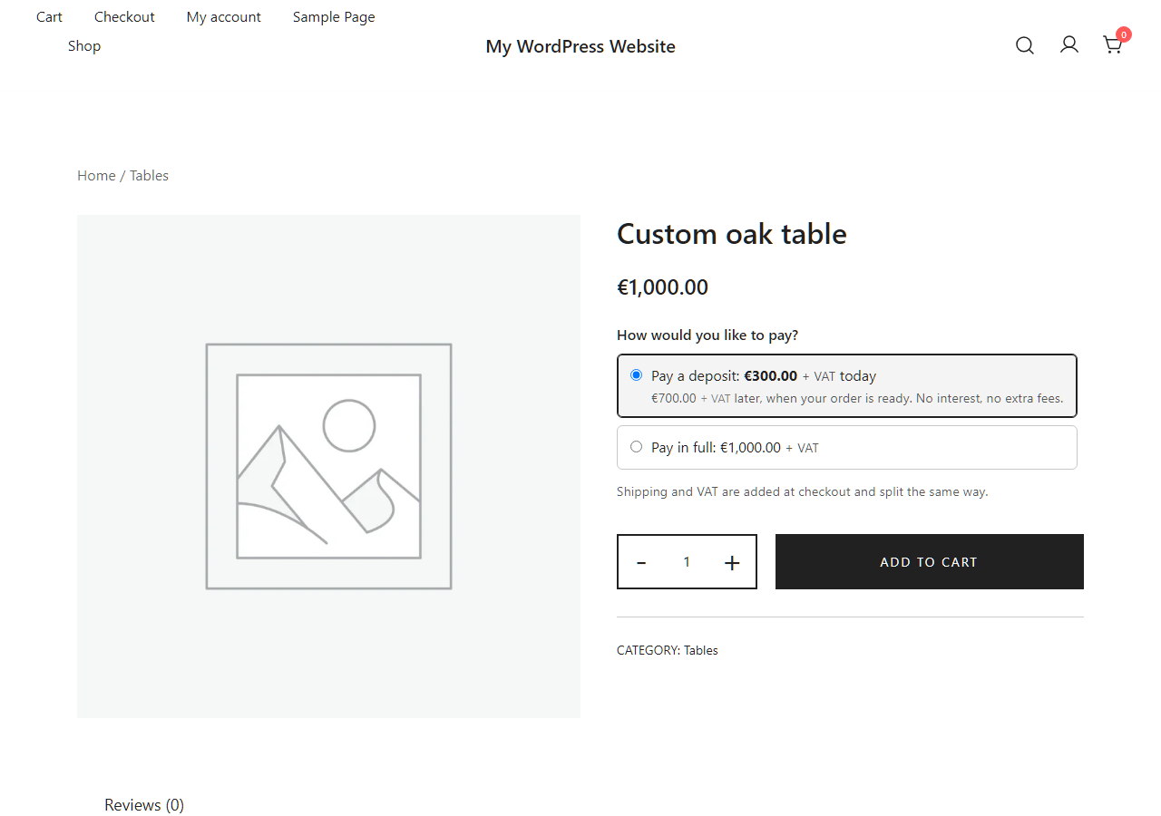 The product page: pay a deposit or pay in full, with what is due today and later.