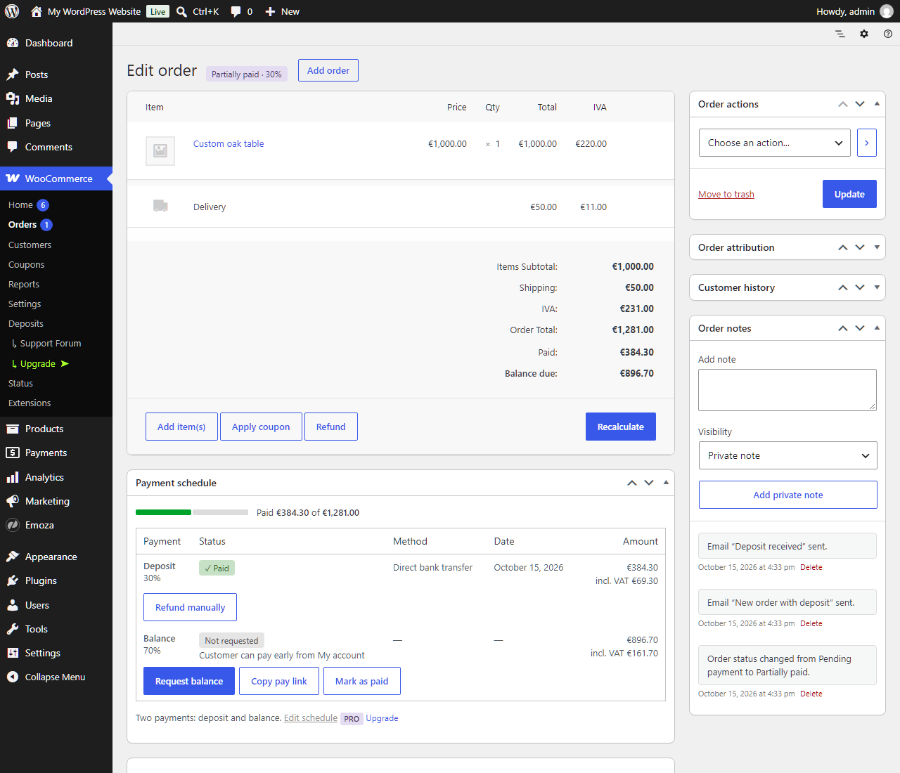 The order screen: "Paid" and "Balance due" under the totals, and the Payment schedule box with every payment and its actions.