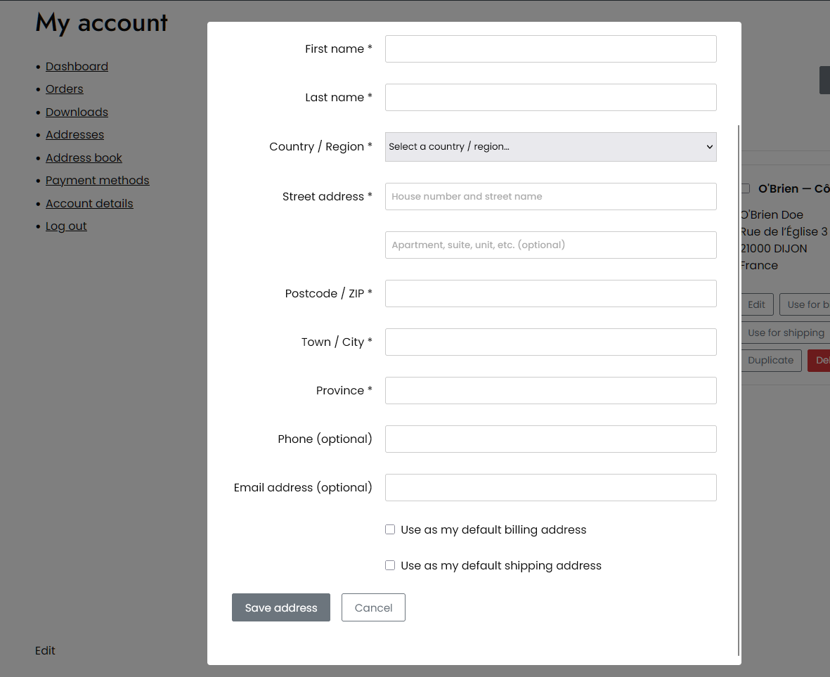 Adding or editing an address without leaving the page, using WooCommerce's own address fields and country rules.