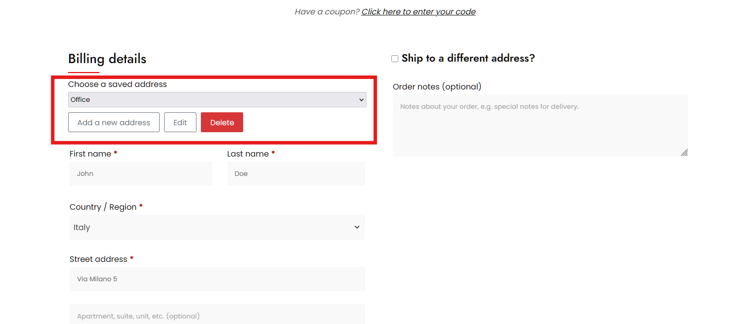Choosing a saved address in the classic checkout, with add, edit and delete alongside the selector.