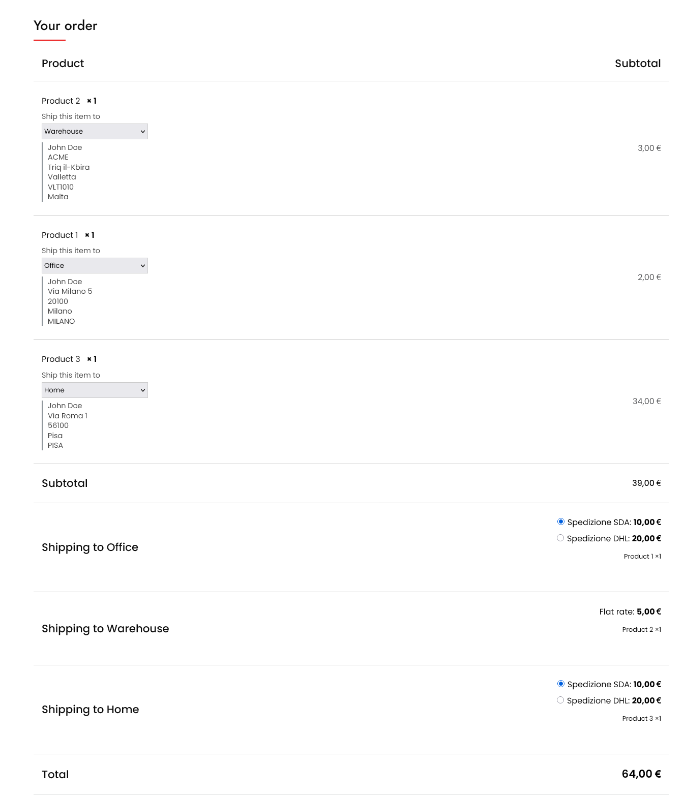 Premium: sending each product to a different saved address in the classic checkout, with shipping quoted separately for each destination.