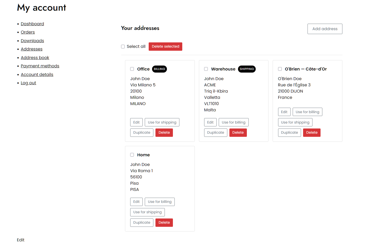 Premium: managing the address book in bulk — search, select several at once, delete them together, or duplicate one as a starting point.
