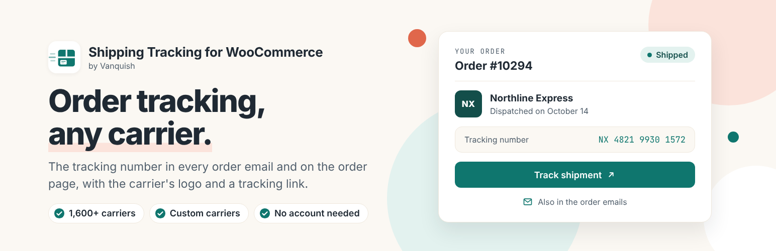 Vanquish Shipping Tracking – Order Tracking & Carrier Links for WooCommerce preview