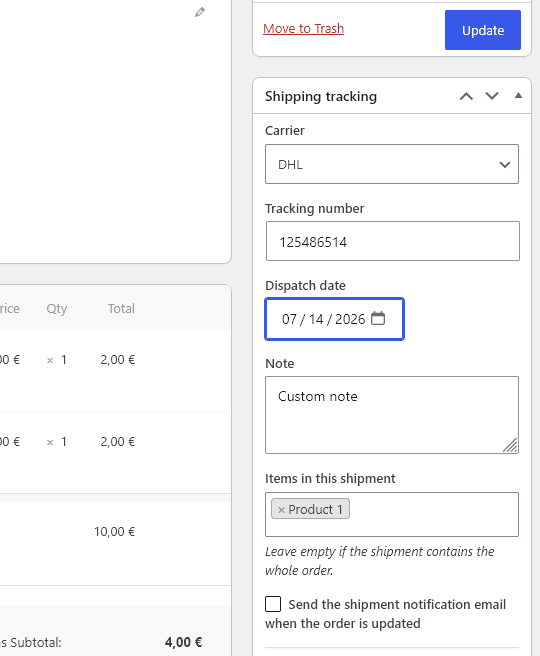 Assign a carrier, a tracking number and a dispatch date to any order, straight from the order screen.