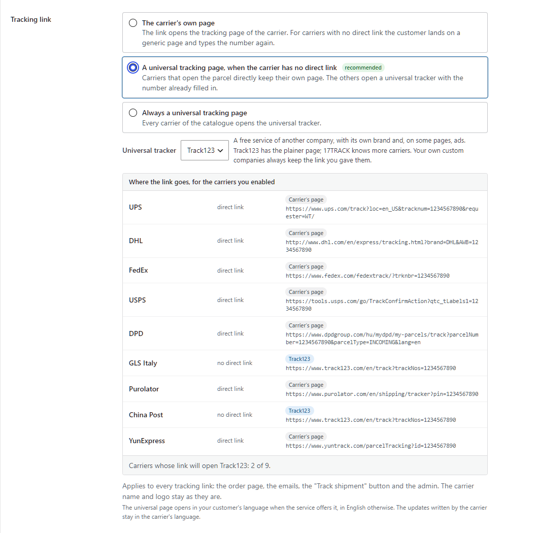 Send the tracking link to a universal tracking page — Track123 or 17TRACK — for the carriers that have no direct link, or for all of them; the table shows where the link of each of your carriers goes.