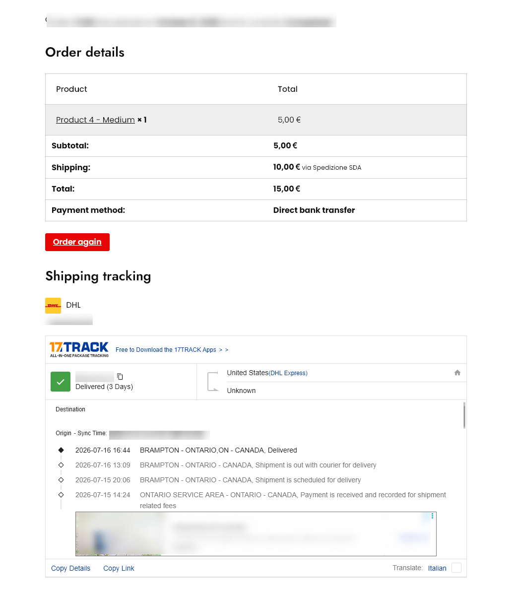 Premium: the shipment status on your customer's order page with no account, through the 17TRACK widget.
