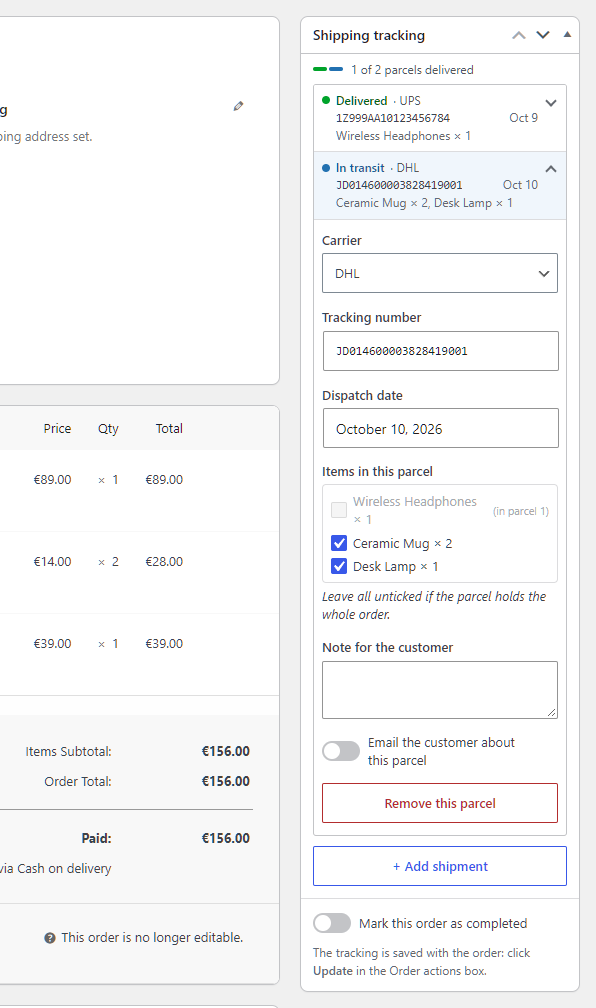 The Shipping tracking box on the order screen: carrier, tracking number and dispatch date, with a link to check the parcel. Premium adds more shipments per order, each folded into a row, with a note and the items it carries.