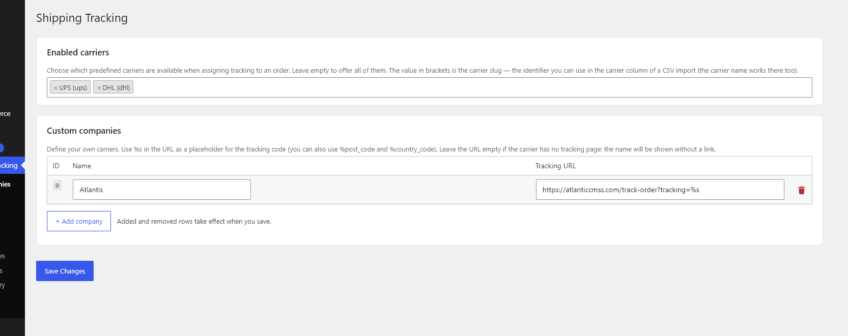 Define your own carriers, with a tracking URL template supporting the tracking code, postcode and country.