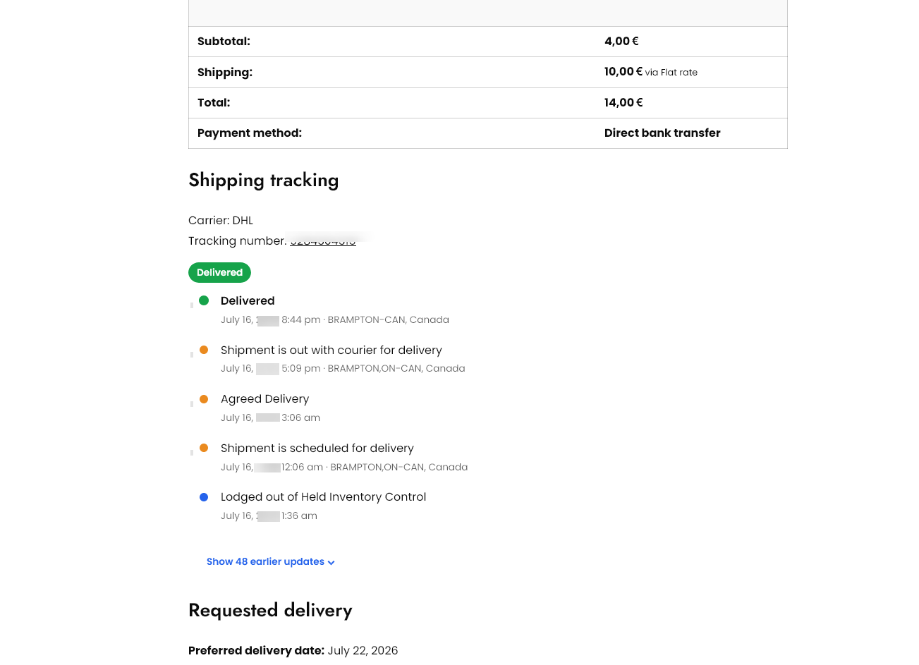 Premium: the live shipment status shown as a timeline on the order page, with older events folded behind a toggle.