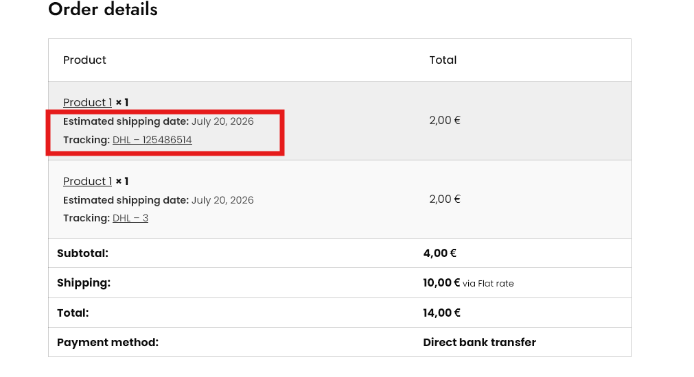 Premium: per-product tracking and estimated shipping date, shown next to each product of the order.