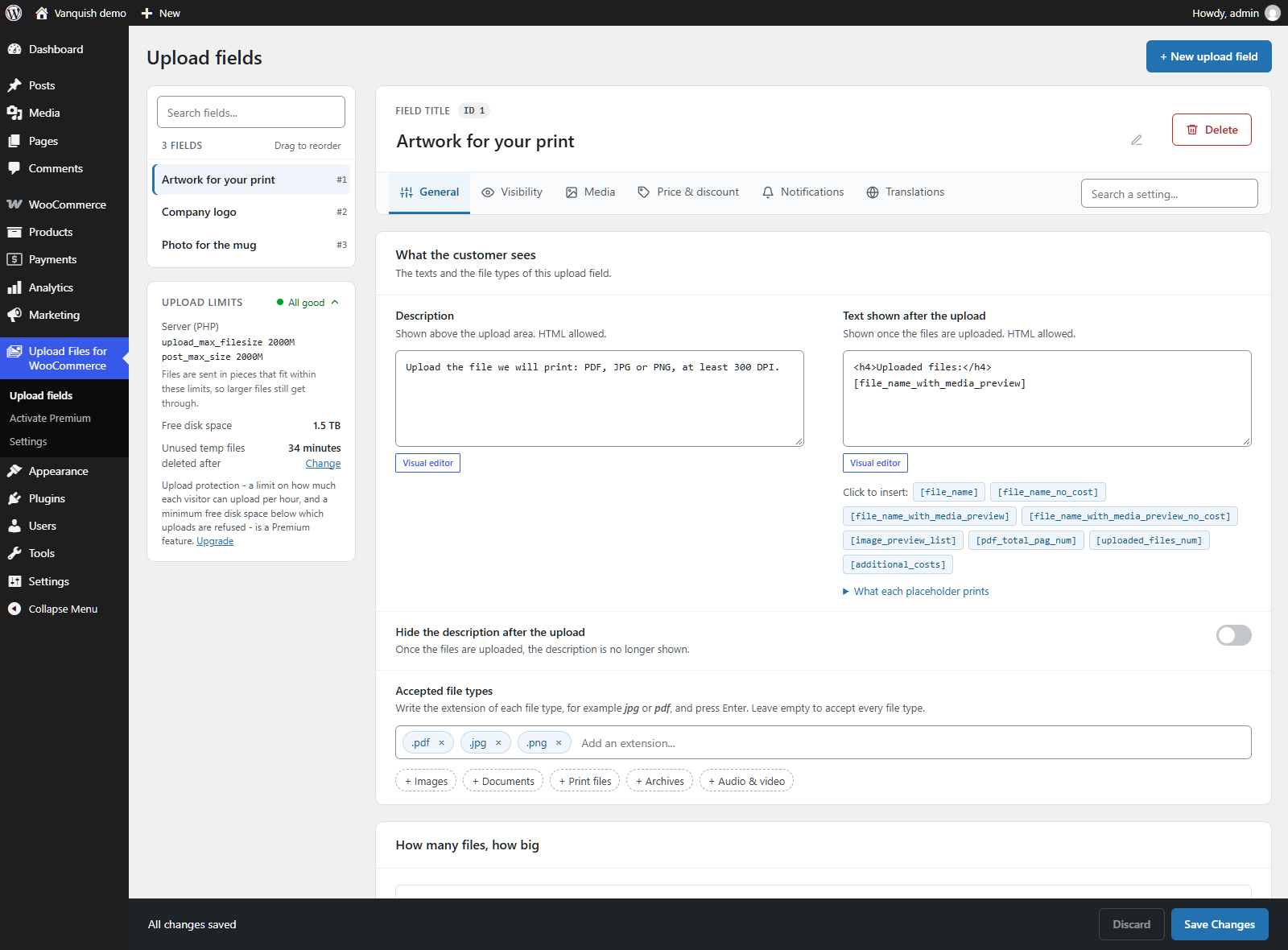 The Upload fields page - create and arrange your upload fields.