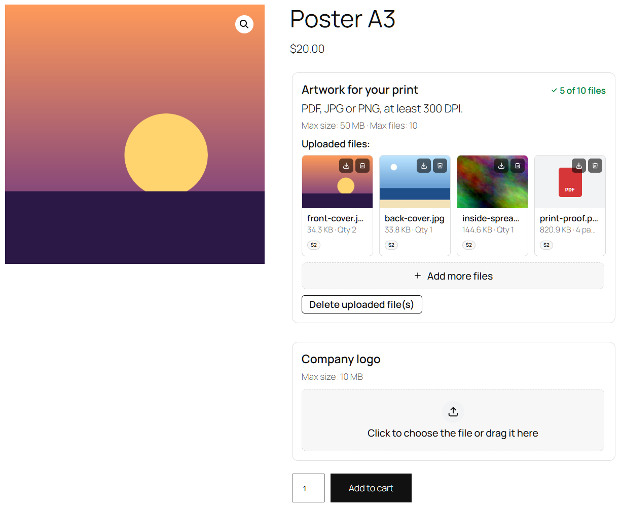 The upload area on the product page: the files as tiles, and "Add more files" (several files per field: Premium).