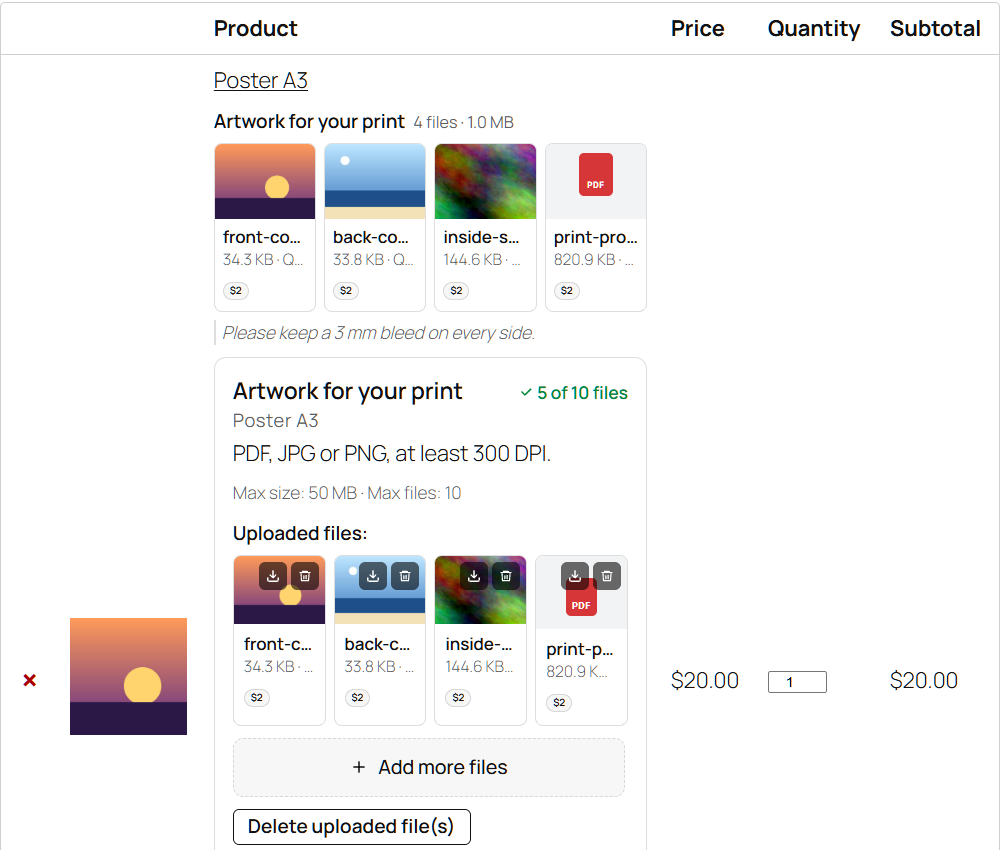The classic cart: the files of each product with their cost, and the upload area.