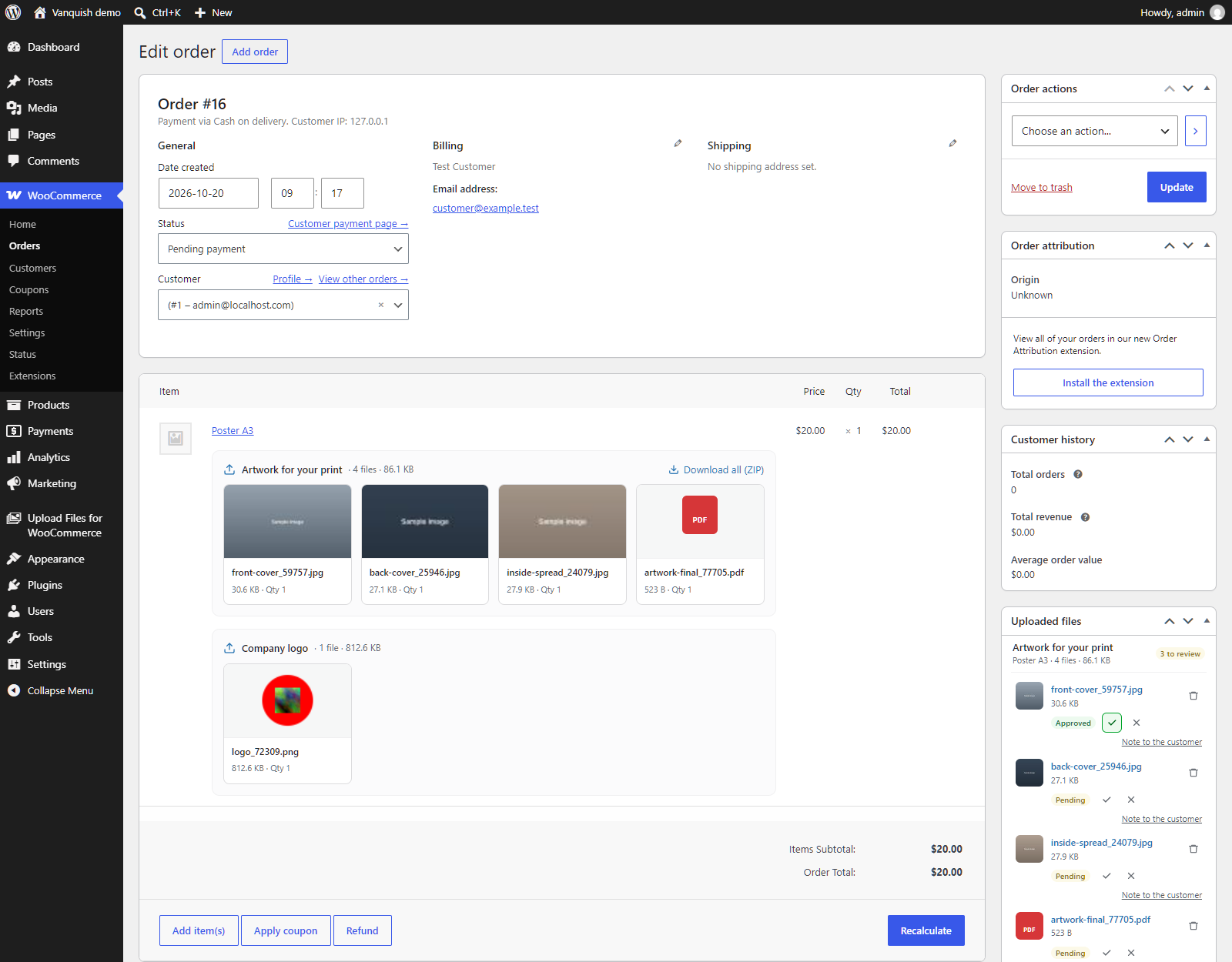 Uploaded files on the admin order page: a tile per file under each item, an image lightbox, and a compact box to download, approve (Premium) or delete each file.