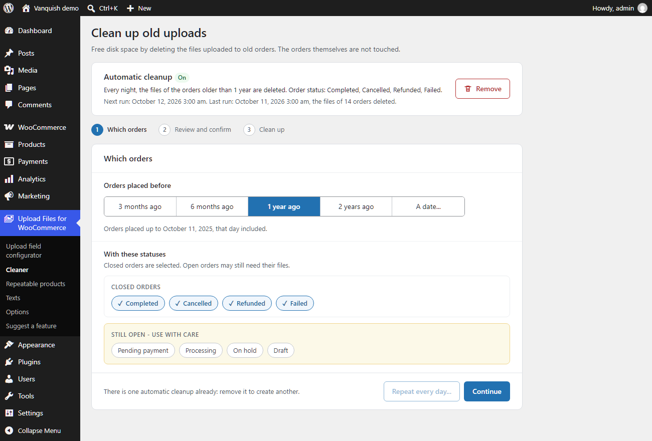 The Cleaner (Premium) - delete the files of old orders, on request or automatically every night.