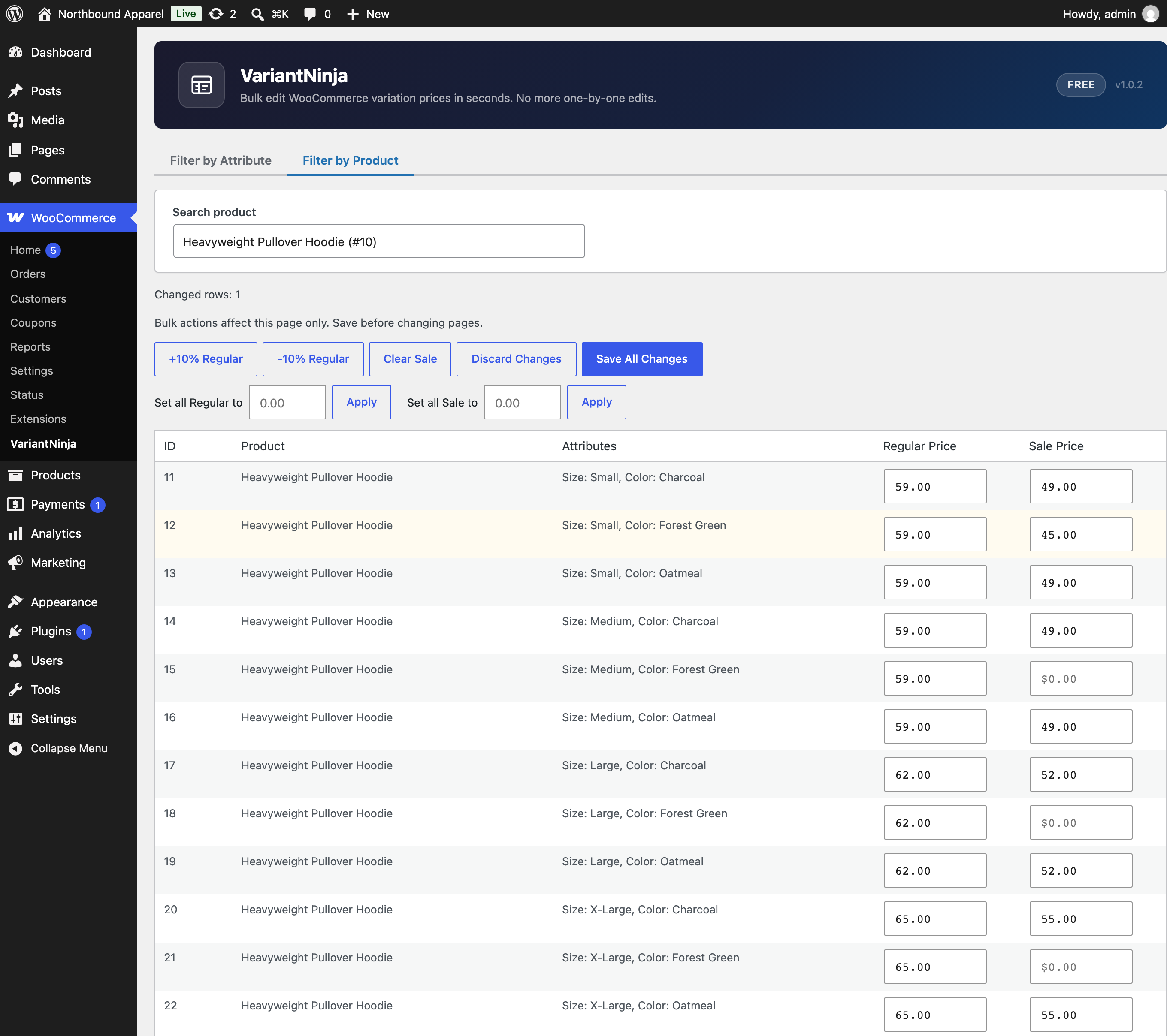 Edit regular and sale prices in the grid, with bulk actions for percentage changes and fixed values.