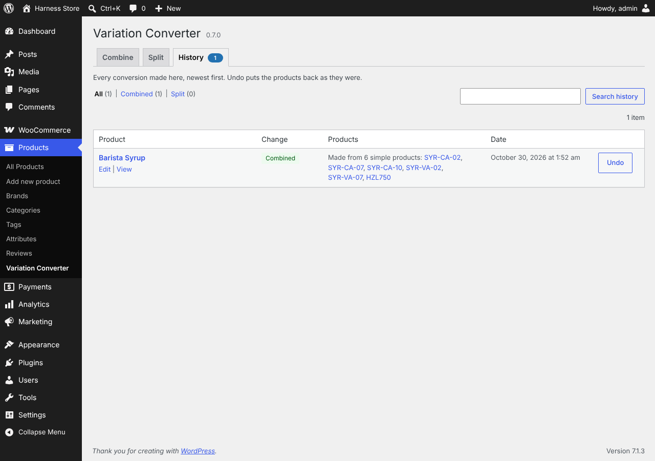 The History tab with one-click Undo.