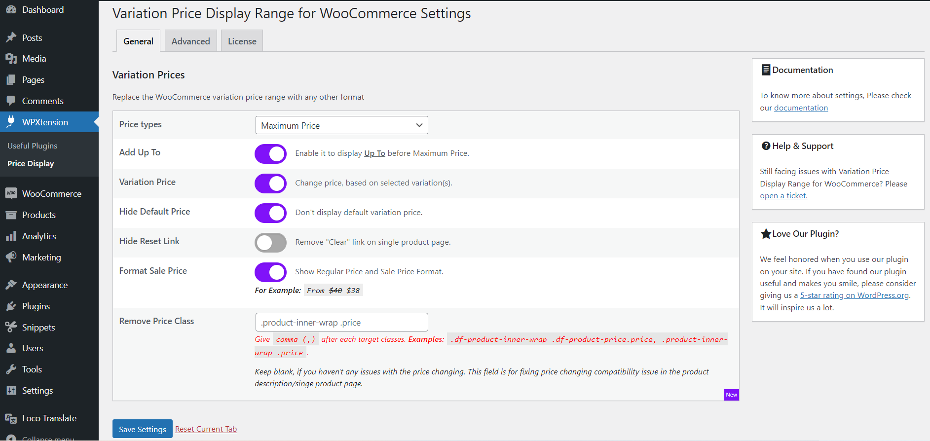 Settings from WooCommerce Settings tab.