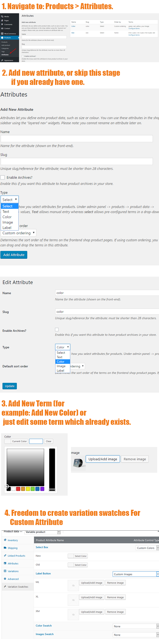 Products → Attributes – set Color or Image type