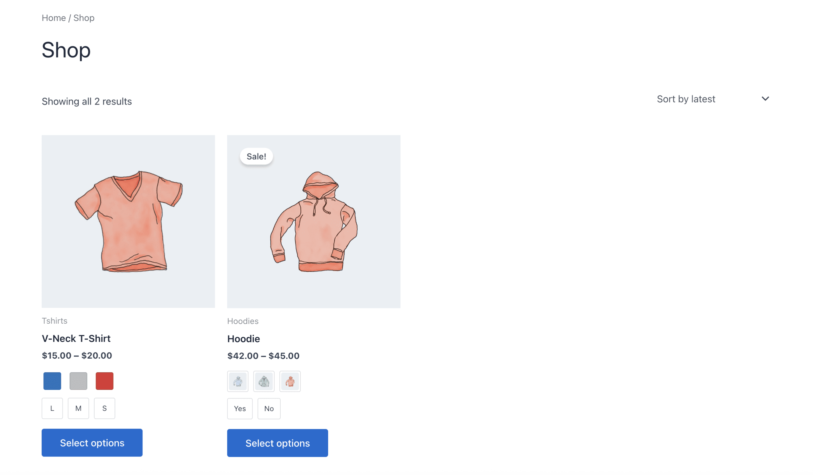 Variation swatches displayed on shop and category pages.