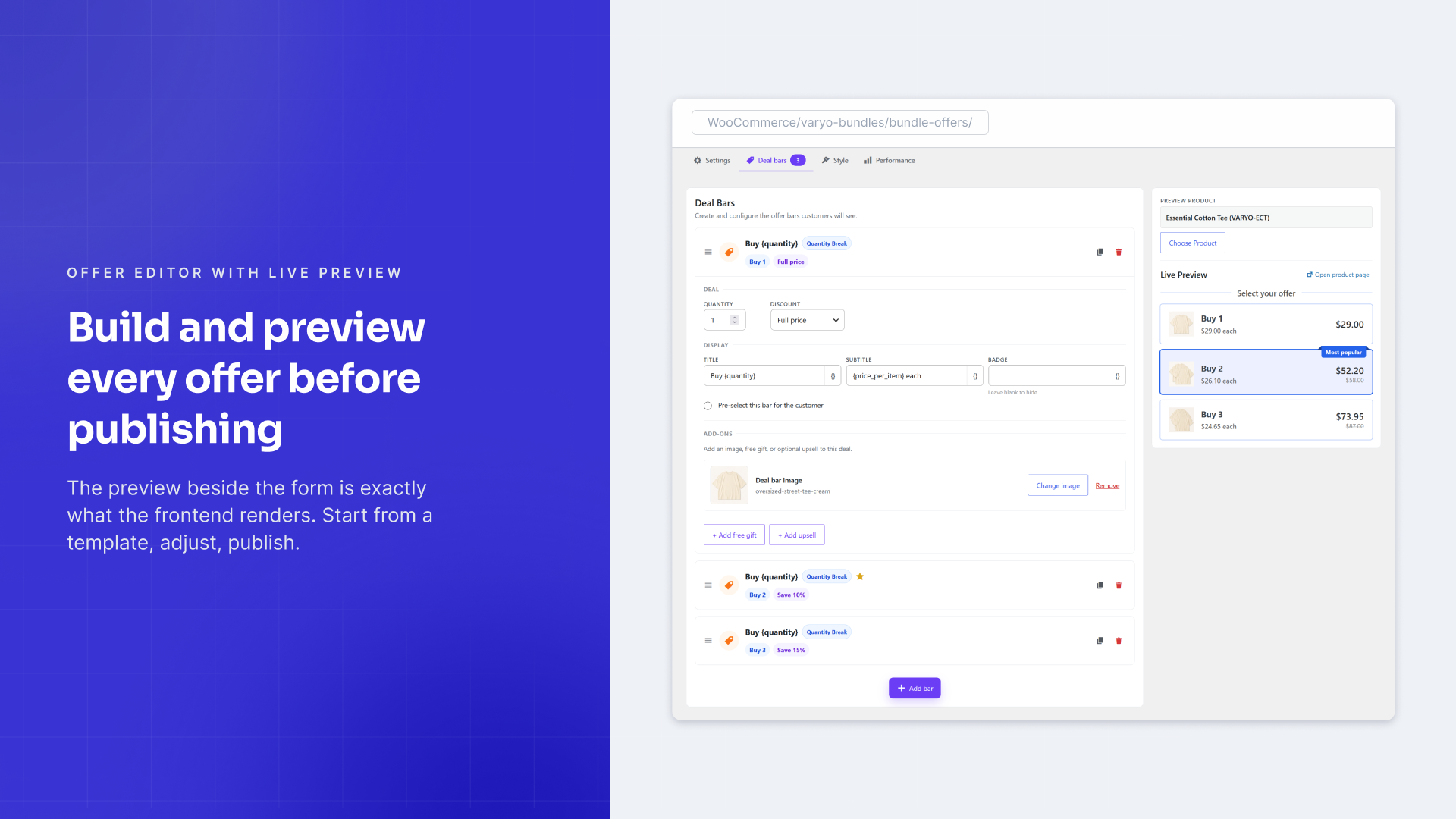 Offer editor with live preview: what you see is exactly what the storefront renders.