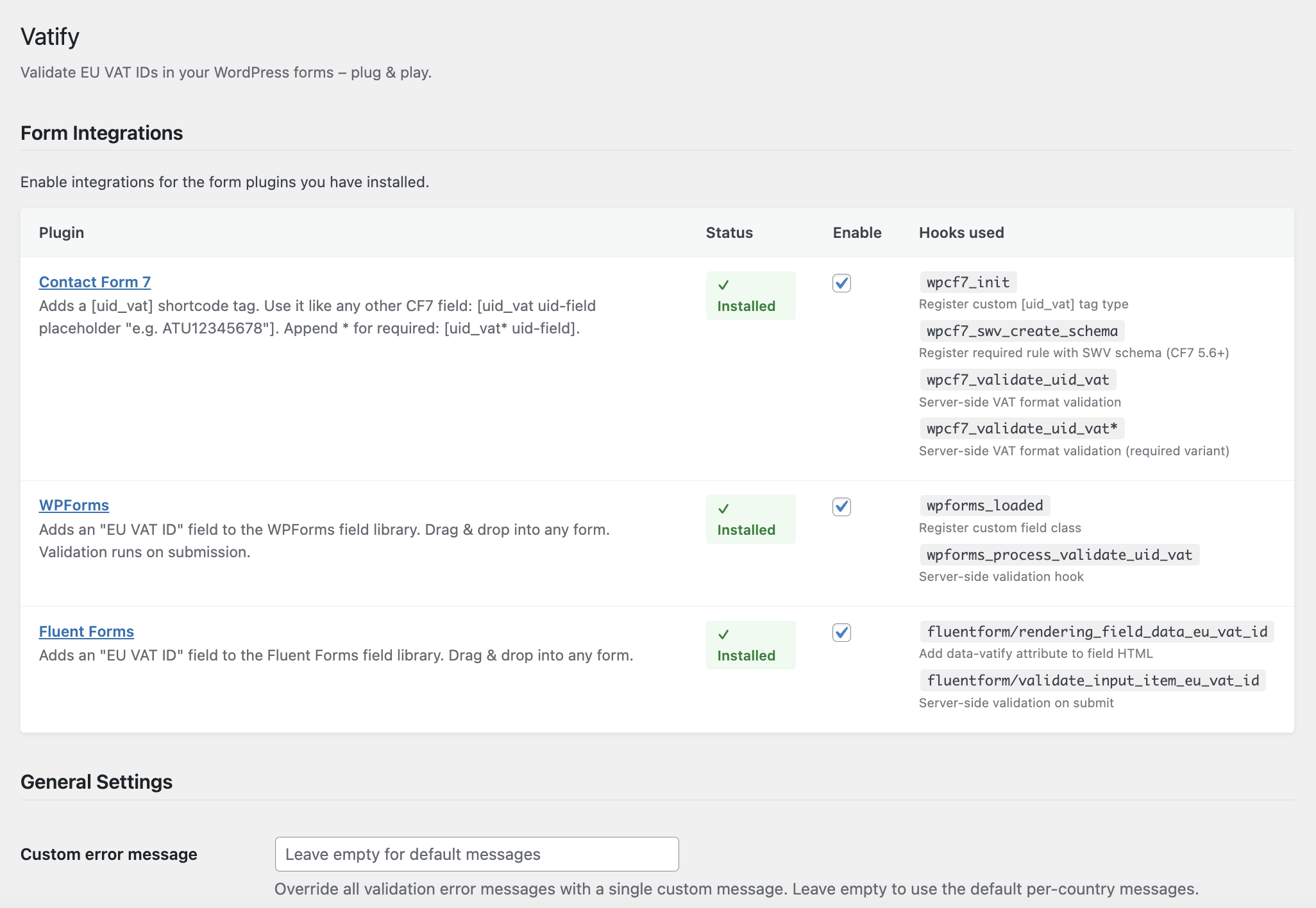 Settings page – enable the EU VAT validation for Contact Form 7, WPForms and Fluent Forms